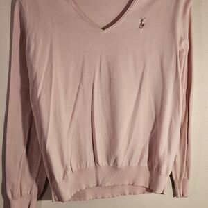 Ralph Lauren Pale Pink V-Neck Sweater with Embroidered Pony
